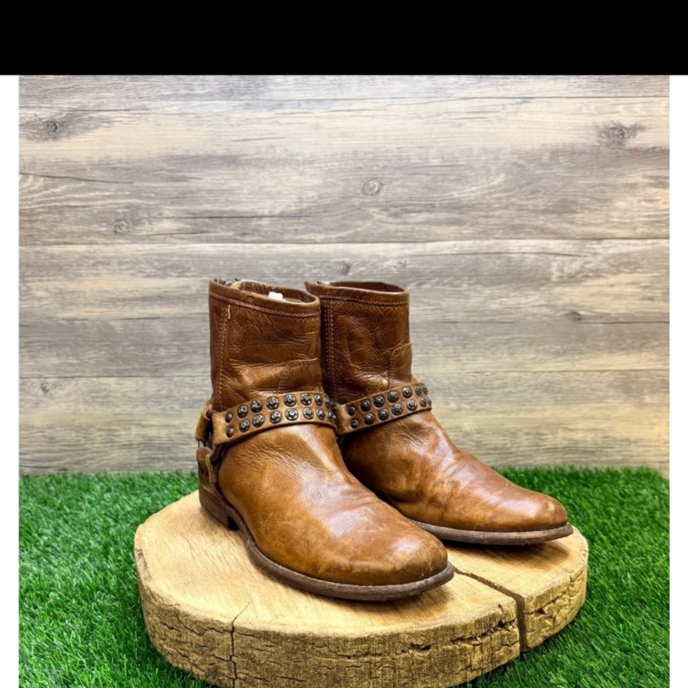 Frye Brown Leather Ankle Boots with Studded Strap